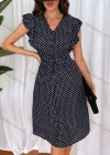 Wholesale Women's Casual Polka Dot Flounce Sleeve V Neck Buttons Down A Line Knee Length Dress With Belt 2258# - Liuhuamall