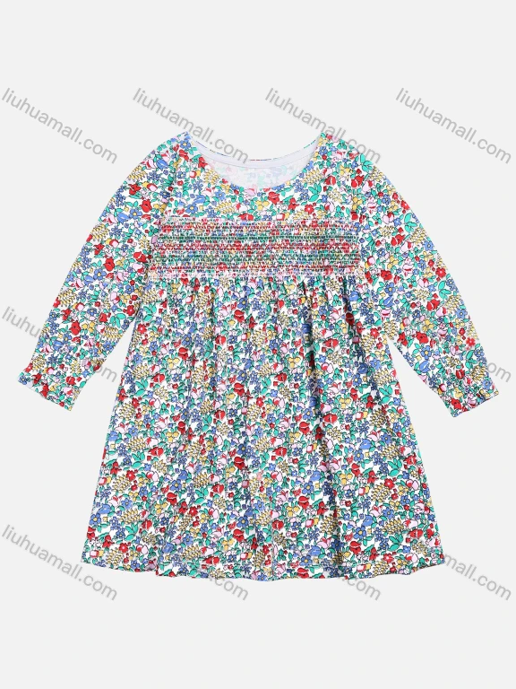 Wholesale Girls' Fall Round Neck Allover Ditsy Floral Ruched Dress