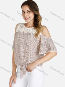 Wholesale Women's Summer Cold Shoulder Polka Dot Print Knot Front Top, LIUHUA CLOTHING WHOLESALE