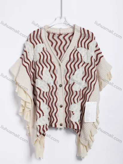 Wholesale Women's Casual Wavy Stripe Butterfly Applique V-Neck Knit Cardigan #A812