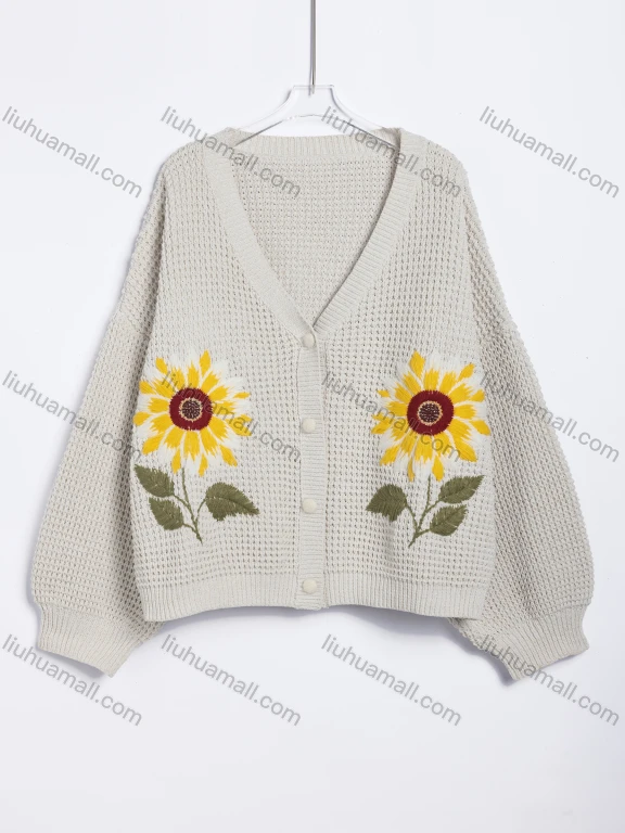 Wholesale Women's Casual Floral Embroidered V-Neck Knit Cardigan #A851
