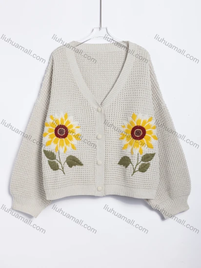 Wholesale Women's Casual Floral Embroidered V-Neck Knit Cardigan #A851