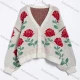 Wholesale Women's Casual Floral Jacquard V-Neck Knit Cardigan #A740 Almond White Clothing Wholesale Market Liuhua