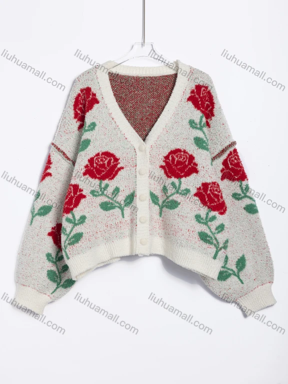 Wholesale Women's Casual Floral Jacquard V-Neck Knit Cardigan #A740