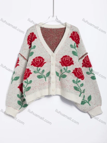 Wholesale Women's Casual Floral Jacquard V-Neck Knit Cardigan #A740