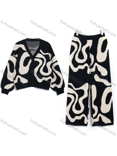 Wholesale Women's Casual Abstract Wavy Print Knit 2 Piece Set #A756+#A755