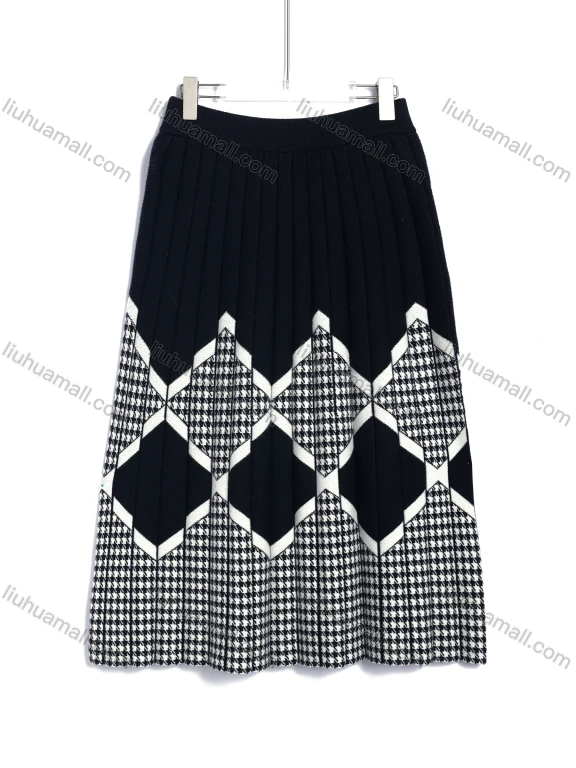 Wholesale Women's Casual Houndstooth Geometric Pattern Knit Midi Skirt #A439