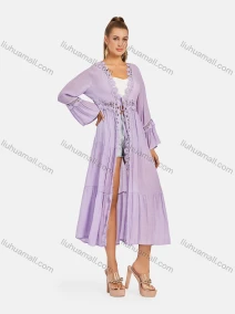 Wholesale Women's Casual Long Sleeve Embroidery Hollow Out Tie Front Long Robe Cardigan B113#, LIUHUA CLOTHING WHOLESALE