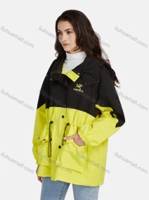 Wholesale Women's Casual Button Down Colorblock Long Sleeve Drawstring Flap Pockets Hooded Windbreaker 1-1088#, LIUHUA CLOTHING WHOLESALE