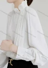 Wholesale Women's Elegant Scallop Edge Mock Neck Long Sleeve Pearl Button Ruched Pleated Plain Blouse - Liuhuamall