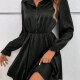Women's Casual Plain Collared Long Sleeve Button Front Peplum Ruched Short Dress Black Clothing Wholesale Market -LIUHUA