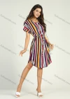 Wholesale Women's Crew Neck Short Sleeve Striped Curve Hem Midi Dress With Belt - Liuhuamall