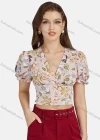 Wholesale Women's Casual V Neck Peplum Poet Sleeve Floral Crop Top 28490# - Liuhuamall