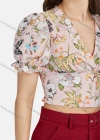 Wholesale Women's Casual V Neck Peplum Poet Sleeve Floral Crop Top 28490# - Liuhuamall
