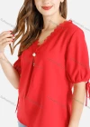 Wholesale Women's Casual V Neck Puff Sleeve Pearl Decor Lace Trims Blouse - Liuhuamall