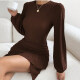 Women's Glamorous Crew Neck Plain High Waist Slim Fit Pack Hip Dress Brown Clothing Wholesale Market -LIUHUA