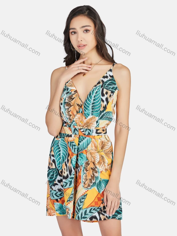 Wholesale Women's Vacation Tropical Print Lace Up Back Cami Romper