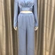 Wholesale Women's Casual Plain Mock Neck Long Sleeve Crop Tops & Wide Leg Pants 2 Piece Set Sky Blue Guangzhou Clothing Wholesale Market & Suppliers -LIUHUAMALL