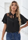 Wholesale Women's Casual Plain Guipure Lace Tie Neck Short Sleeve Blouse - Liuhuamall