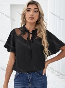 Wholesale Women's Casual Plain Guipure Lace Tie Neck Short Sleeve Blouse, LIUHUA CLOTHING WHOLESALE