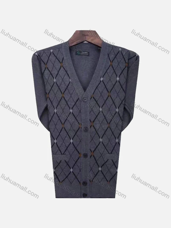 Wholesale Men's Casual V Neck Long Sleeve Argyle Print Button Down Knit Cardigans