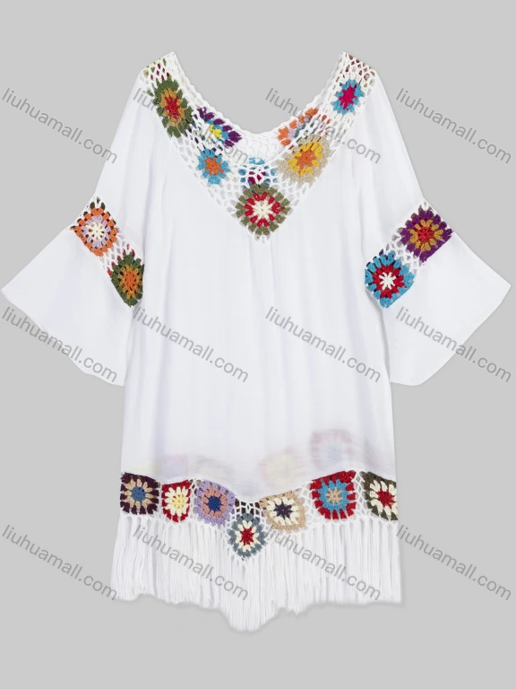 Wholesale Women's Casual Hollow Out Scarf Hem Embroidered Floral Cover Up Top A077#