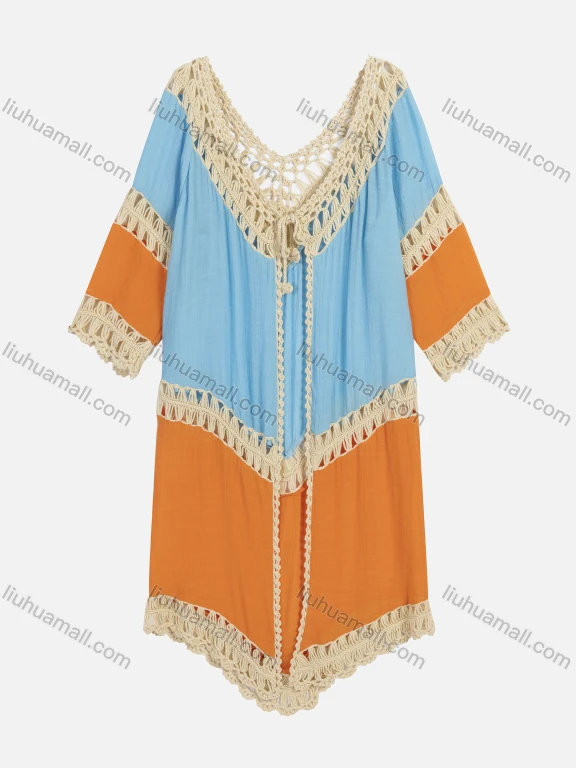 Wholesale Women's Casual Hollow Out Colorblock Tie Front Cover Up Cardigan 2299#