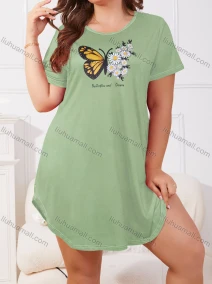 Wholesale Women's Milk Silk Butterfly Floral Letter Print Short Sleeve Crew Neck Curved Hem Lounge Short Nightdress DM1303-08#, LIUHUA CLOTHING WHOLESALE