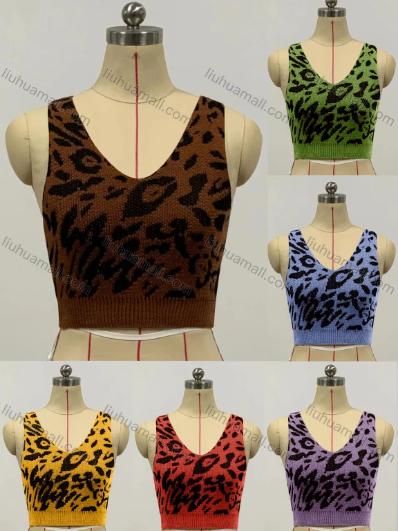 Wholesale Woman's Fashion V Neck Leopard Print Knit Crop Sweater Tank Top