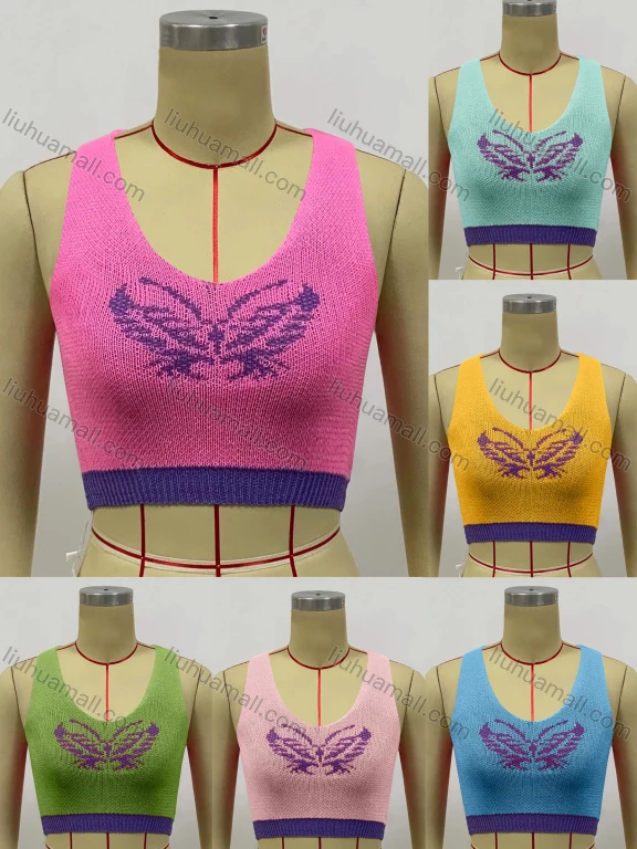 Wholesale Woman's Fashion Round Neck Crab Cartoon Print Knit Crop Sweater Tank Top
