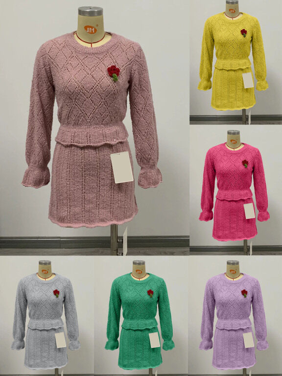 Women's Casual 2 Piece Plain Knit Long Sleeve Top With Skirt Set, Clothing Wholesale Market -LIUHUA, WOMEN, Sets
