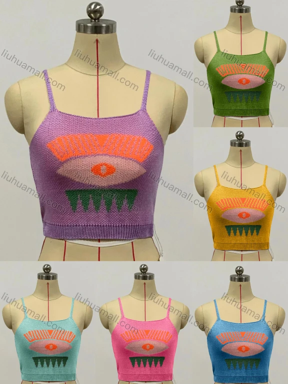 Wholesale Women's Fashion Sleeveless Spaghetti Strap Cartoon Print Knit Crop Sweater Cami Top