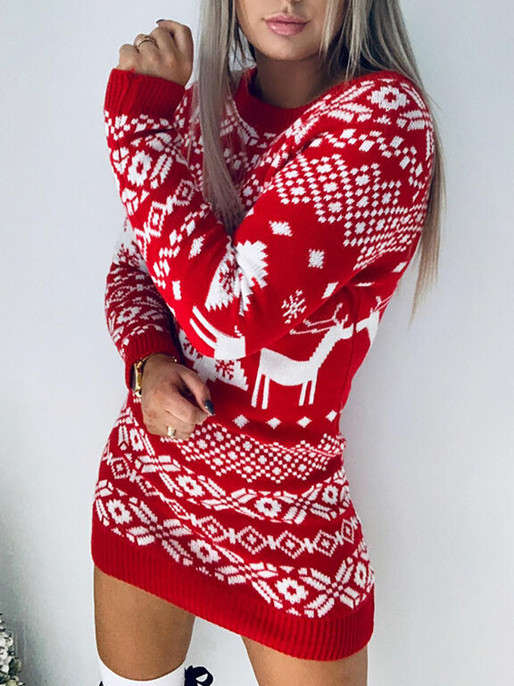 Women's Casual New Year Long Sleeve Snowflake Knit Sweater Dress, Clothing Wholesale Market -LIUHUA, 