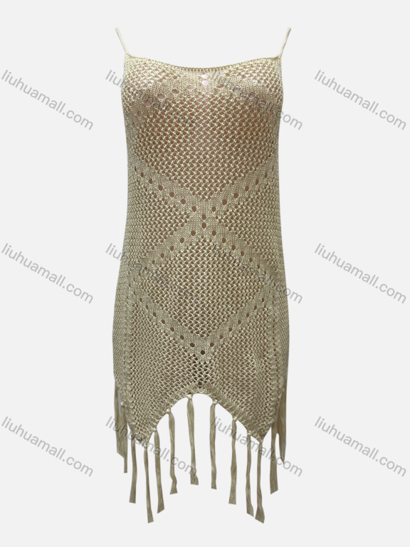 Wholesale Women's Vacation Plain Crochet Hollow Out Tassel Hem Cami Cover Up Dress X89#