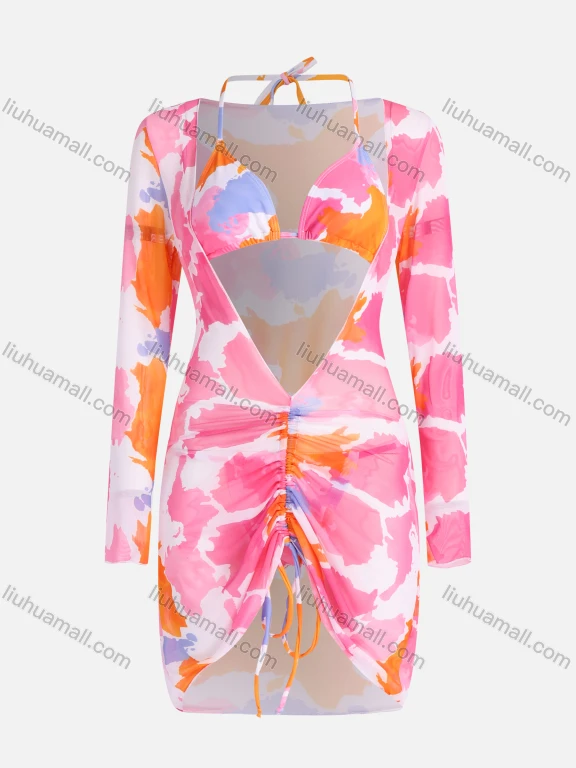 Wholesale Women's Sexy Ink Splash Abstract Print Cover Up Dress & Bikini Swimsuit 3-piece Set