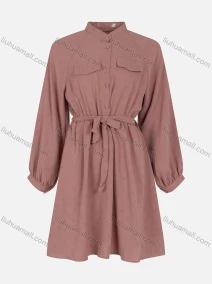 Wholesale Women's Casual Plain Button Front Stand Collar Long Sleeve Ruffle Hem Short Dress With Belt, LIUHUA CLOTHING WHOLESALE