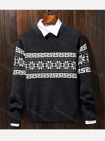 Wholesale Men's Casual Crew Neck Long Sleeve Retro Print Pullover Knit Sweater, LIUHUA CLOTHING WHOLESALE
