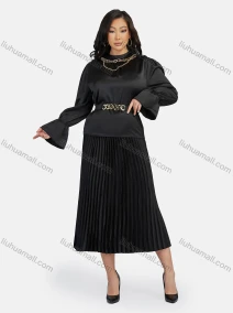 Wholesale Women's Casual Poet Sleeve Blouse With Belt & Pleated Skirt 2-Piece Set 9148-1#, LIUHUA CLOTHING WHOLESALE