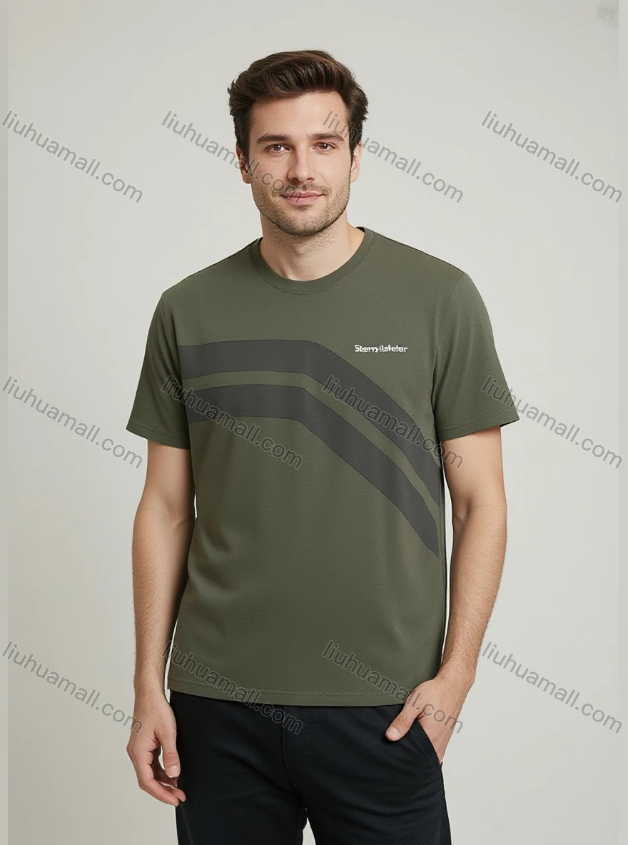 Wholesale Stylish Military - Green T - Shirt w/Diag Stripes! Loose, Durable for Resale/Bulk Order Now