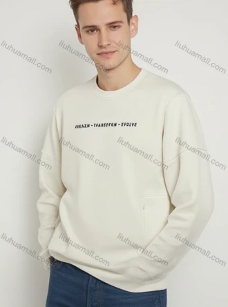 Wholesale White Long Sleeve Crew Neck Sweatshirt w/ Black Text Prints & Chest Pocket. Minimalist Streetwear, LIUHUA CLOTHING WHOLESALE