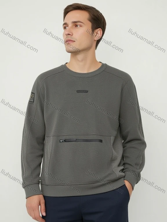 Wholesale Dark Gray Long Sleeve Crew Neck Sweatshirt w/ Chest Graphic & Left Sleeve Label. Minimalist Streetwear LIUHUA CLOTHING WHOLESALE