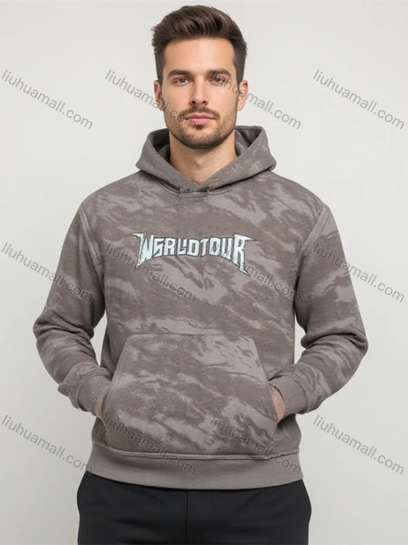 Wholesale Brown Long Sleeve Hoodie w/ Abstract Pattern, Chest Pocket & Drawstring Hood. Minimalist Streetwear