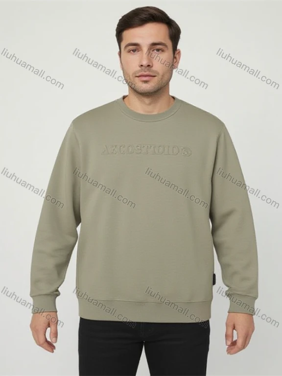 Wholesale Olive GreenLong Sleeve Crew Neck Sweatshirt w/ Front Brand Logo. Minimalist Streetwear