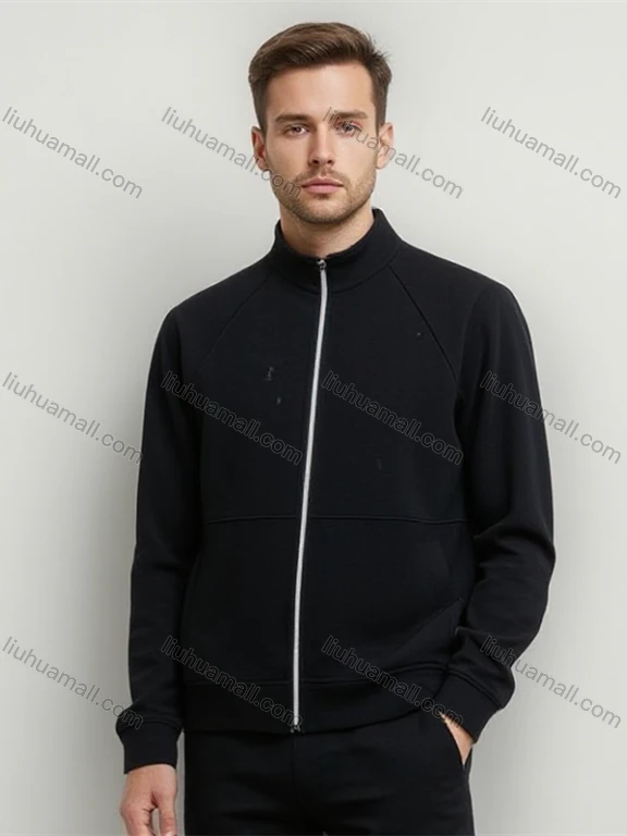 Wholesale Stylish Black Zip - Up Sweatshirt w/Stand - Collar & Pockets! Heavy - Weight Knit for Men's Casual Bulk Order