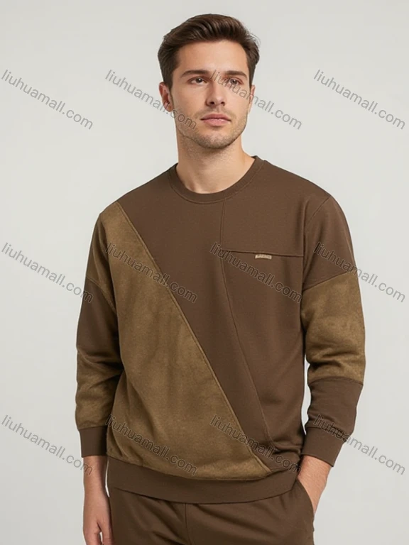 Wholesale Brown Long Sleeve Crew Neck Sweatshirt w/ Artistic Chest Print & Left Cuff Label. Minimalist Streetwear