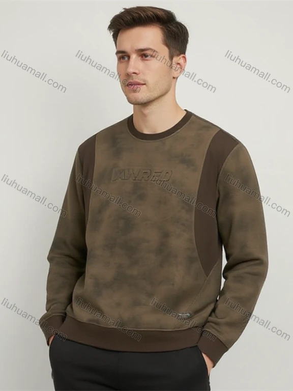 Wholesale Brown Long Sleeve Crew Neck Sweatshirt w/ Artistic Abstract Pattern. Minimalist Streetwear