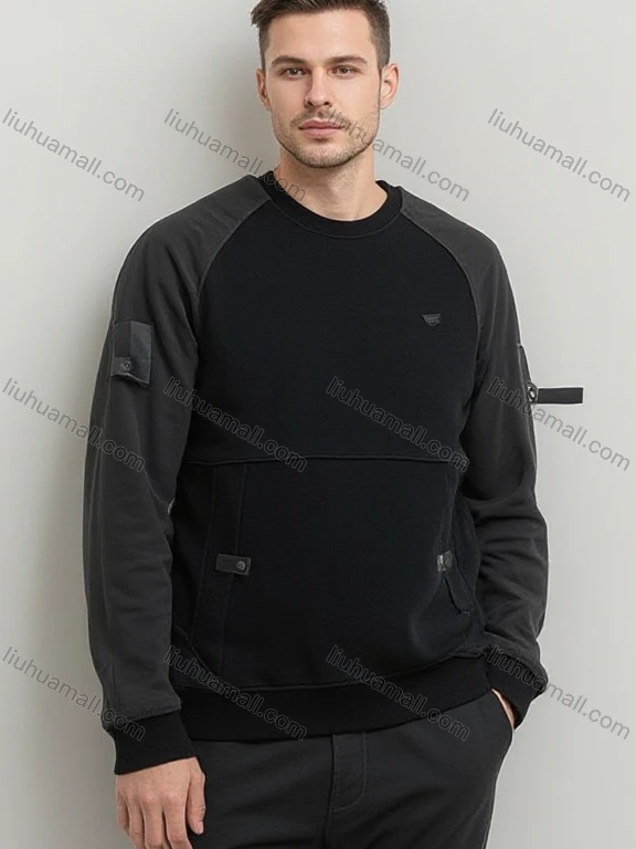 Wholesale Black Long Sleeve Crew Neck Sweatshirt w/ Artistic Cuff Detail & Small Pocket. Minimalist Streetwear