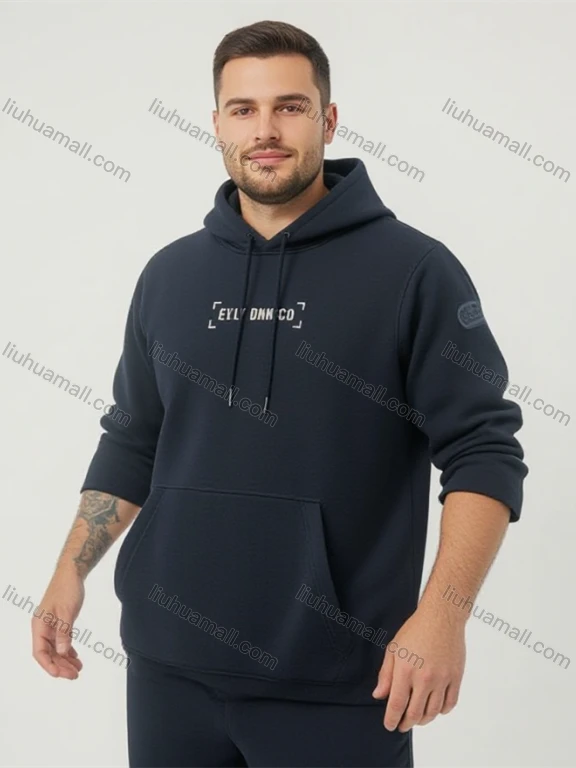 Wholesale Black Long Sleeve Hoodie w/ Front Text 'EVLV DNM CO', Back Barcode Graphic & Left Sleeve Logo. Urban Techwear