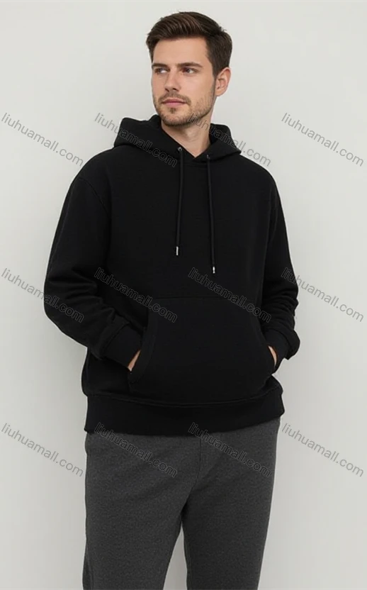 Wholesale Black Hooded Sweatshirt w/ Drawstrings & Front Pockets! Loose Fit Long Sleeve Top for Men's Casual Bulk Order