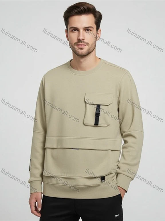 Wholesale Light Beige Long Sleeve Crew Neck Sweatshirt w/ Black Artistic Cuff Detail & Small Front Pocket. Minimalist St